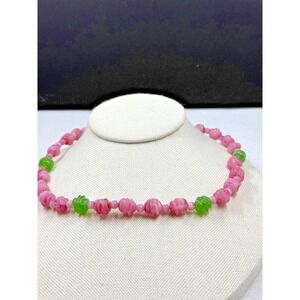 Vintage Czech Pink Green Pressed Glass Bead Spring Necklace Ribbed 16"